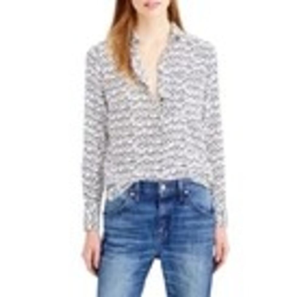 J.Crew Women’s White Silk Button-Up Shirt – Black Key Print, Club Collar Size 0